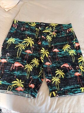 JACKSON Flamingo & Palm Print  Shorts - Black/Yellow/Coral